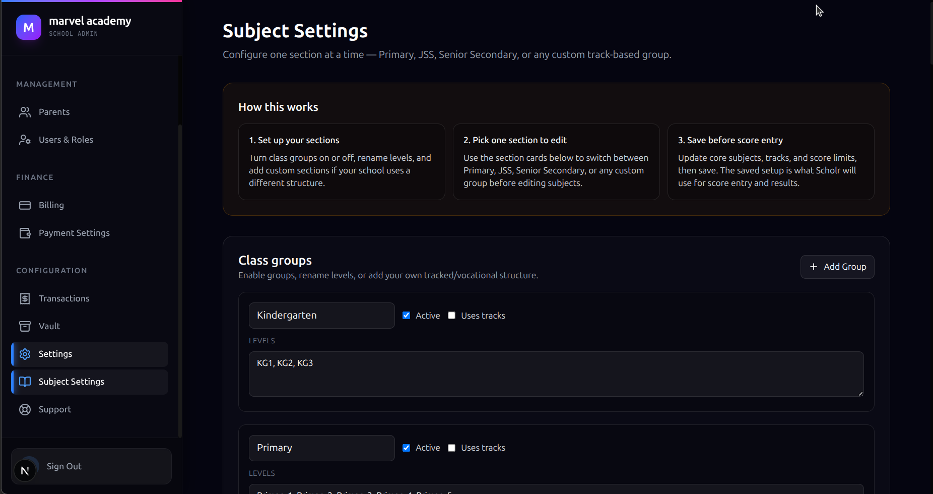 Scholr Subject Settings